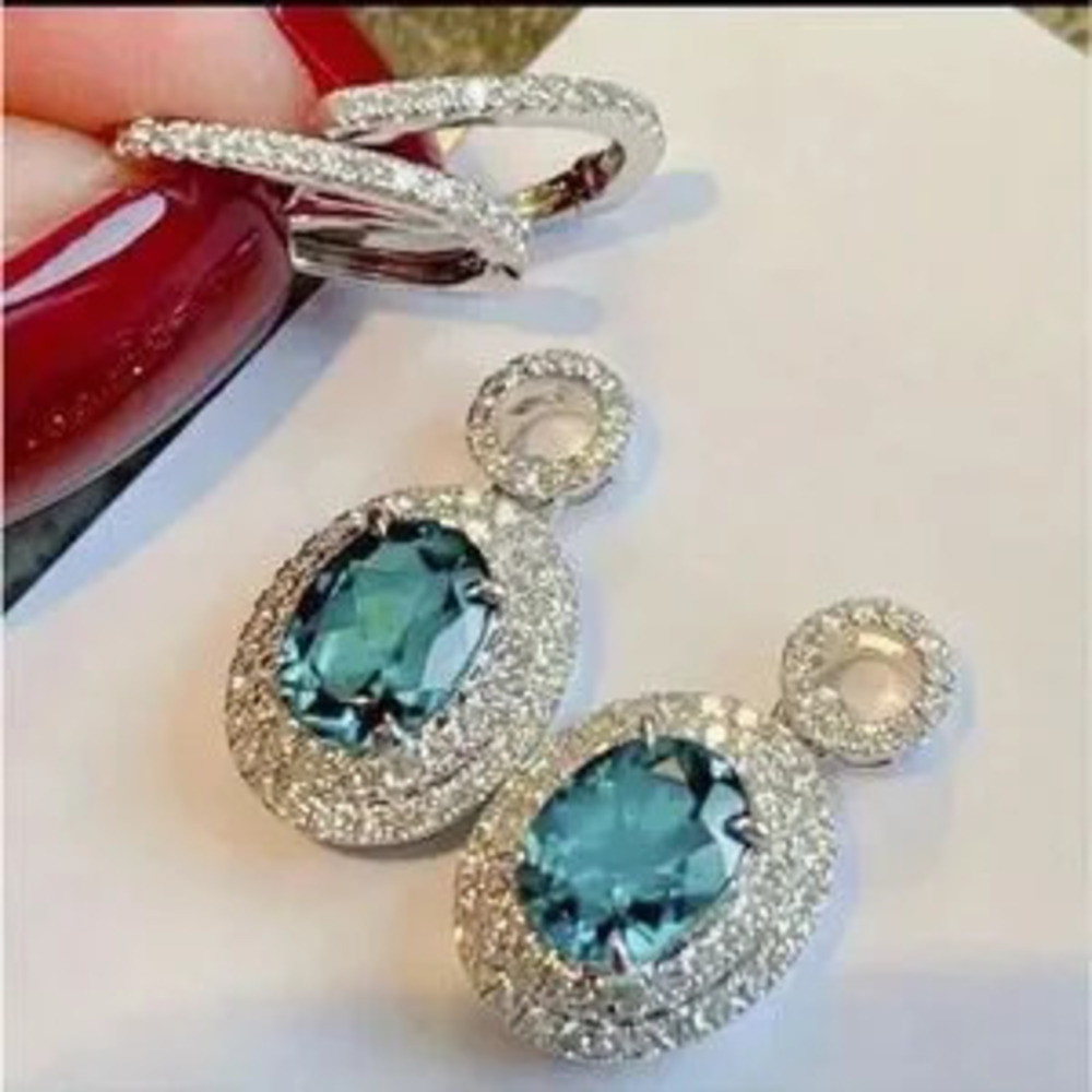 Luxurious Blue Diamond Dangle Earrings - Picture 5 of 7